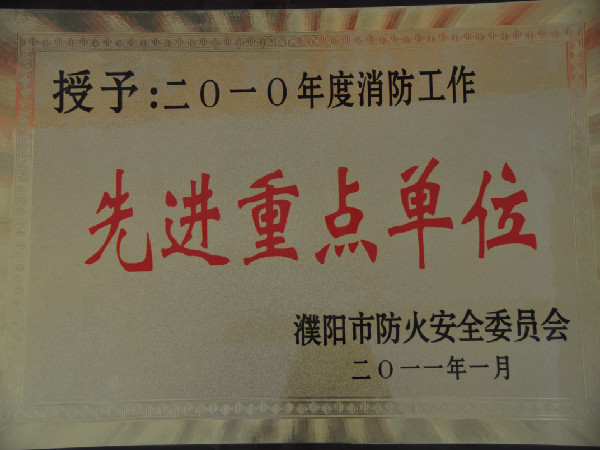 2010年度消防工作先进重点单位（濮阳市防火安全委员会）