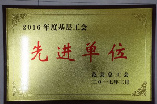  2016年度基层工会先进单位（范县总工会颁发）